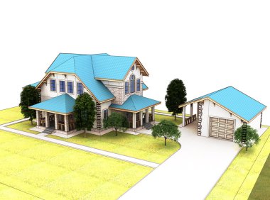 Mavi çatılı 3D yazlık render