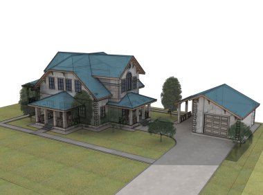 Mavi çatılı 3D yazlık render