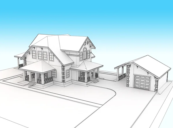 Renderizar casa de campo 3d com um telhado azul — Fotografia de Stock