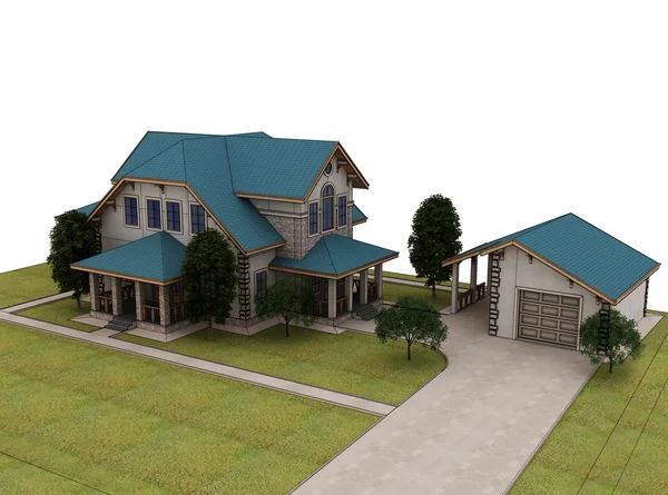 Vykreslení 3d domek s modrou střechou — Stock fotografie