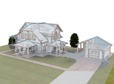 Mavi çatılı 3D yazlık render