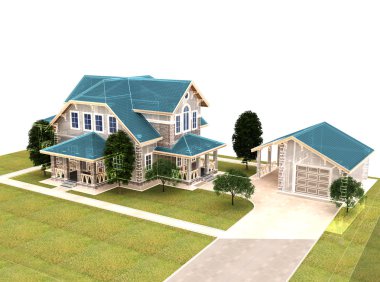 Mavi çatılı 3D yazlık render