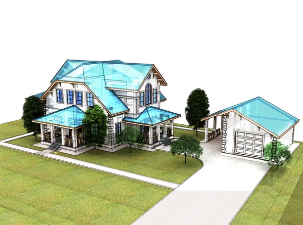 Renderizar casa de campo 3d com um telhado azul — Fotografia de Stock