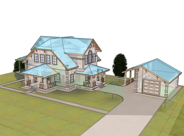 Render 3D-huisje met een blauwe dak — Stockfoto
