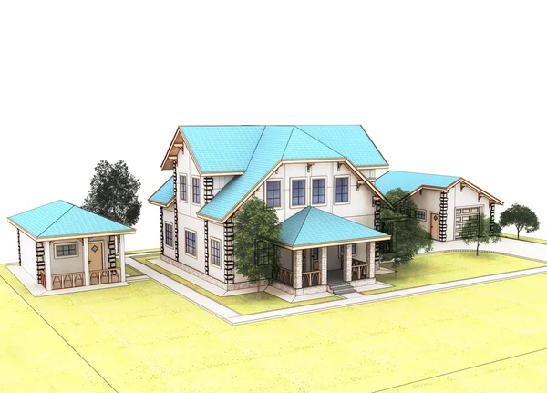 Render cottage 3d con un tetto blu — Foto Stock