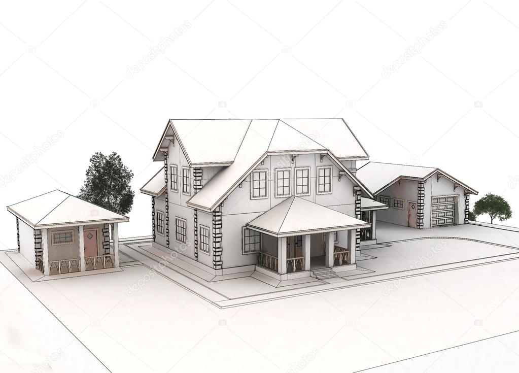 Render 3d cottage with a blue roof