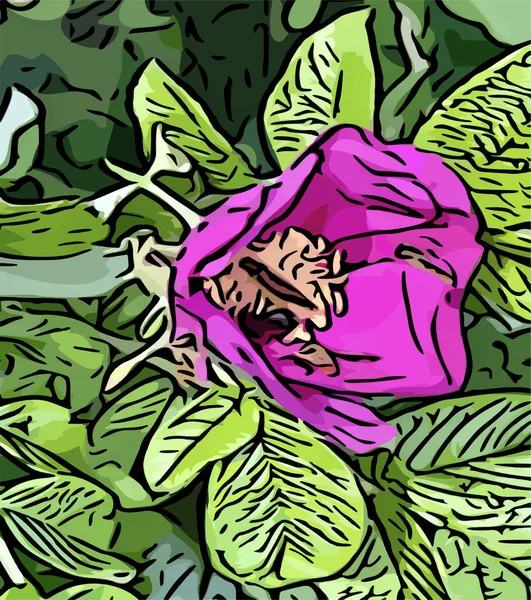 Rosa Perro Rosa Sola Con Hojas Verdes Contornos Dibujos Animados — Vector de stock
