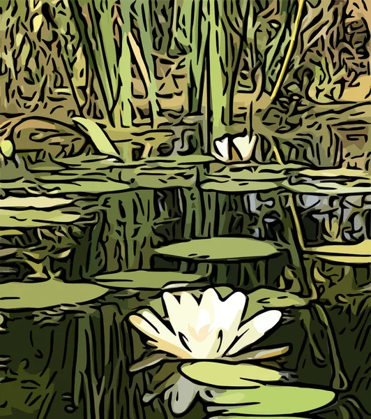 Bahçe havuzunda yaprakları olan beyaz nilüfer çiçeği, karikatür, çizgiler