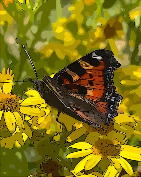 Pequeña Mariposa Tortuga Sobre Flores Amarillas Ragwort — Vector de stock