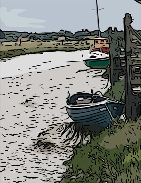海辺のイラストでシングル漁船 — ストックベクタ