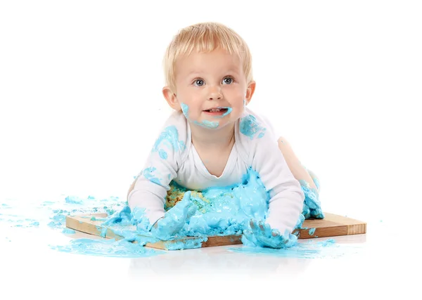 Baby smashing cake — Stock Photo, Image