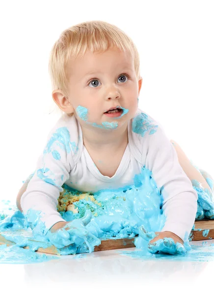 Baby smashing cake — Stock Photo, Image