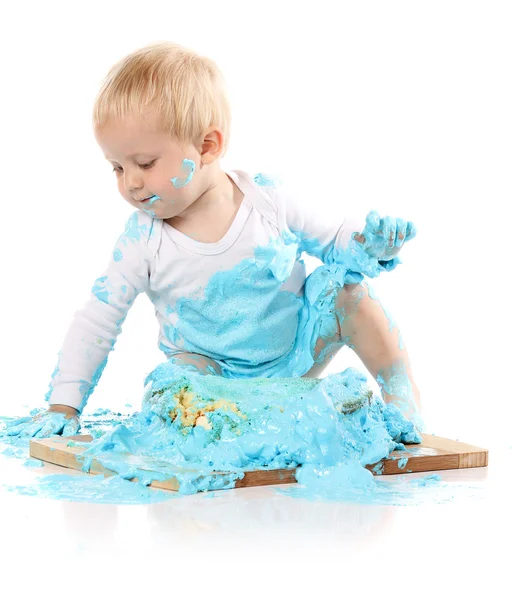 Baby smashing cake — Stock Photo, Image