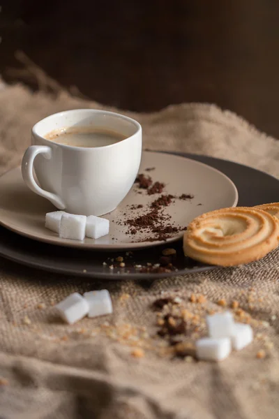 Cup of hot espresso coffee, and cookie — Stock Photo, Image