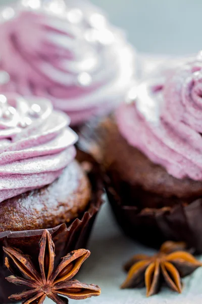 Chocolate cupcakes decorated with berry cream — Stock Photo, Image