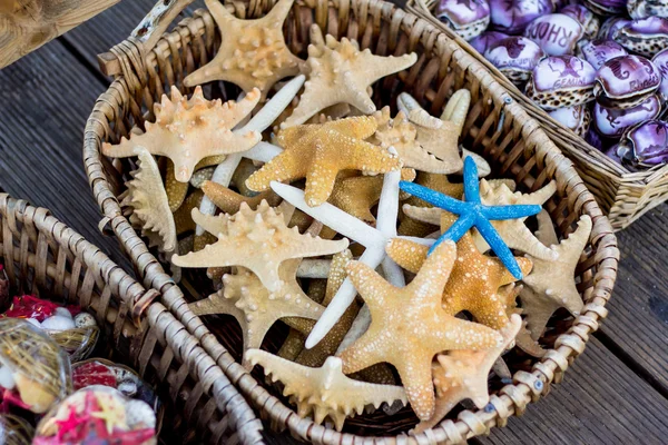 Basket full of starfishes shells