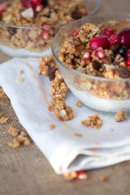 iki kahvaltı kase müsli, süzme peynir ve beyaz Mutfak havlu kaşık ile kırmızı meyveler