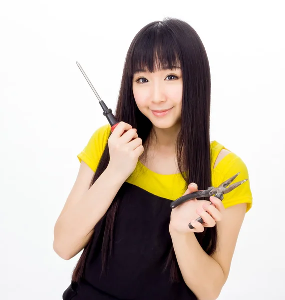 Asian girl with tools — Stock Photo, Image