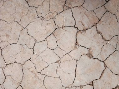 Zemin, kuraklık ve ölüm kavramına sahip arka plan veya grafik tasarımı için üst görünümde çatlaklar var..