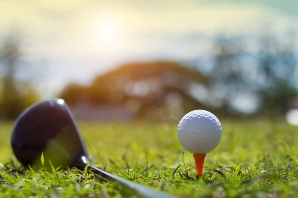 Golfclubs Golfballen Een Groen Gazon Een Prachtige Golfbaan Met Ochtendzon — Stockfoto