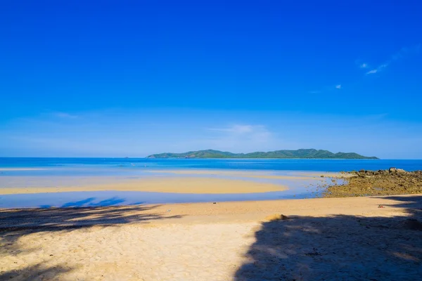 Surfista su bella spiaggia e oceano con cielo blu — Foto Stock