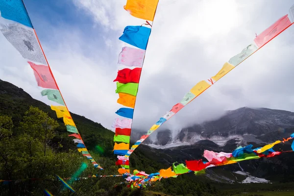 Kar dağlar Yading tabiatı, Çin dua bayrakları. — Stok fotoğraf