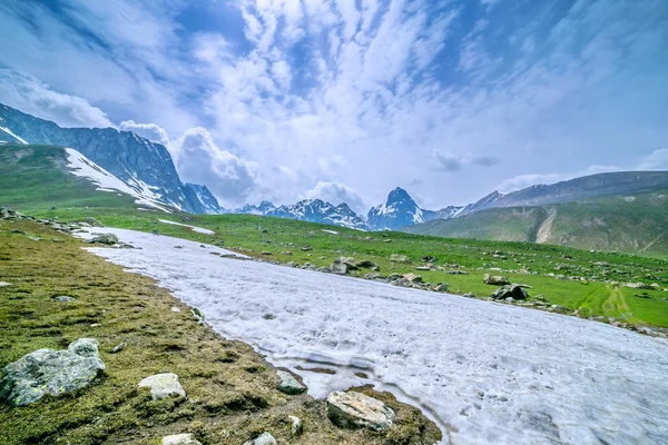 Sneeuw berg met groene veld — Stockfoto