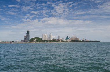 business district with blue sky and reflection in water