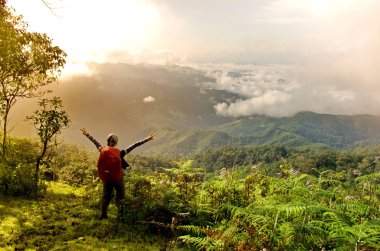Özgürlük kızı Elleri dağlarda güneşe karşı