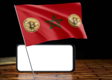 Fas bayrağında Bitcoin Fas. Fas 'ta Bitcoin haberleri ve hukuki durum.