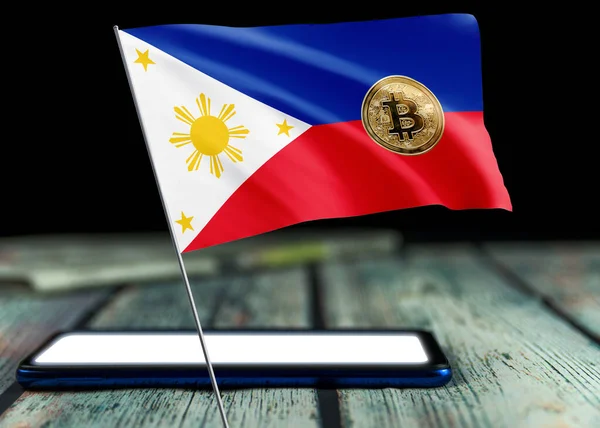 フィリピンの国旗にBitcoinフィリピン フィリピンのビットコインニュースと法的状況の概念 ロイヤリティフリーのストック写真