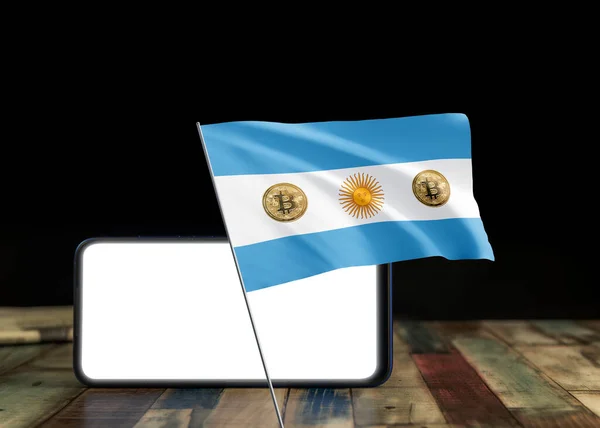 アルゼンチンの国旗にBitcoinアルゼンチン アルゼンチンのビットコインニュースと法的状況の概念 ロイヤリティフリーのストック画像