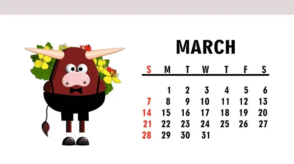 Lindo Calendario 2021 Año Del Toro Divertido Personaje Toro Aislado —  Fotos de Stock