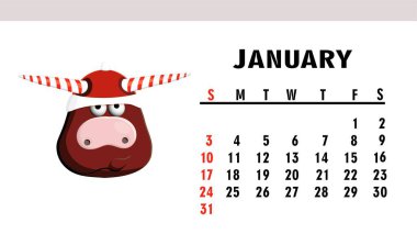 Ocak 2021. Boğalı ya da öküzlü yatay takvim. Öküz karakteri.