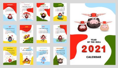2021 yılı için boğa, beyaz boğa takvimi ya da çizgi film kawaii, boğa ya da inek, Yeni Yıl sembolü, şirin hiyeroglifler - kapak ve 12 aylık sayfa. Hafta Pazar günü başlıyor, yazdırılabilir şablon.