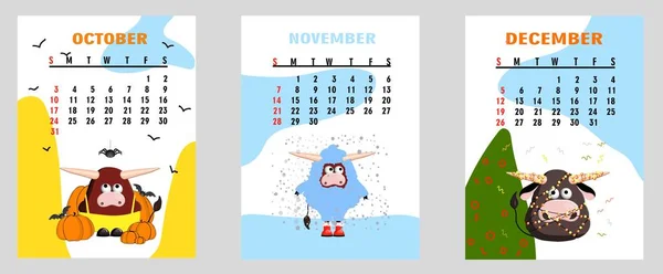 bull, white bull calendar or A4 planner for 2021 with cartoon kawaii, bull or cow, Week starts on Sunday, printable template.