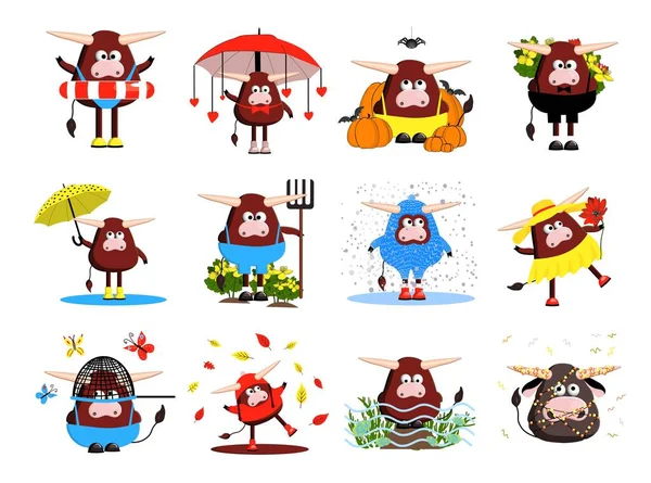 set of bulls characters. 12 bulls, oxen and cows. Funny cute animals. clipart free on a white background. illustration of the symbol of 2021.