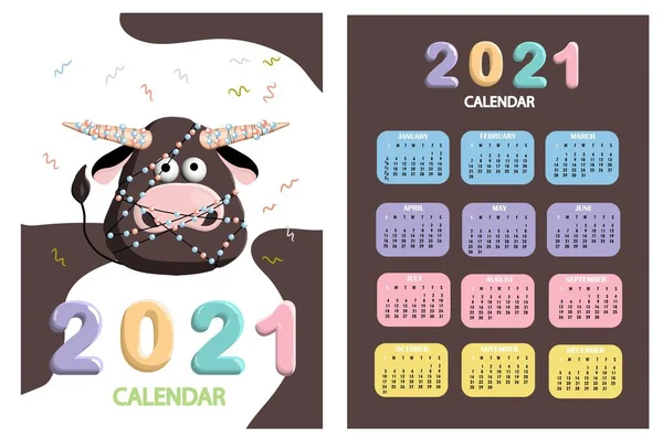 Bull White Bull Calendar Planner 2021 Cartoon Kawaii Bull Cow — Stock Photo, Image