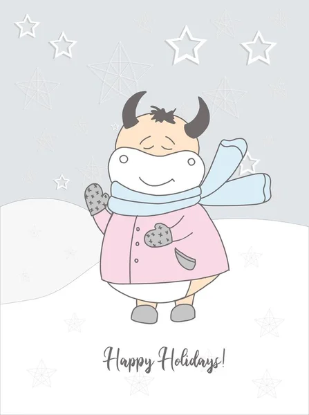 Neujahrskarte 2021 Niedlichen Ochsen Einem Schal Illustration Handgezogene Winterkarte Winterurlaub — Stockfoto