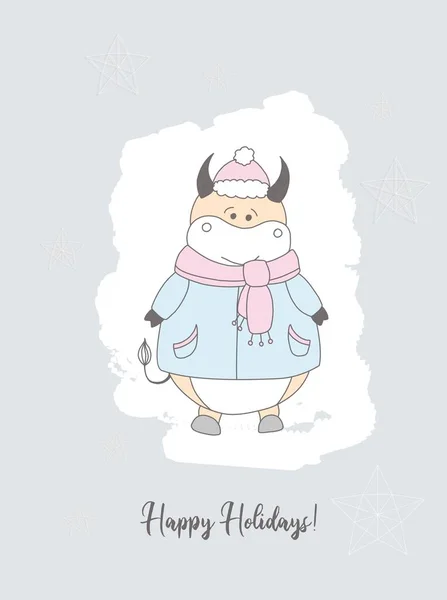 クリスマスカード はがきの年 ポスター 牛のキャラクター — ストック写真