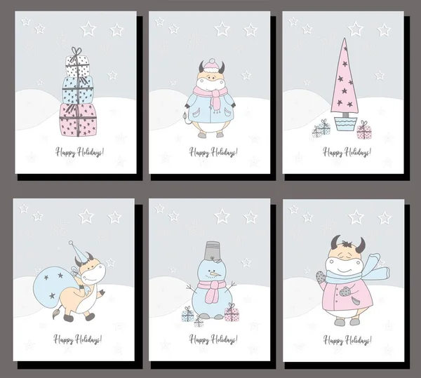 Happy Holidays 2021 Symbol Year Set Six Christmas Cards New — Stock Photo, Image