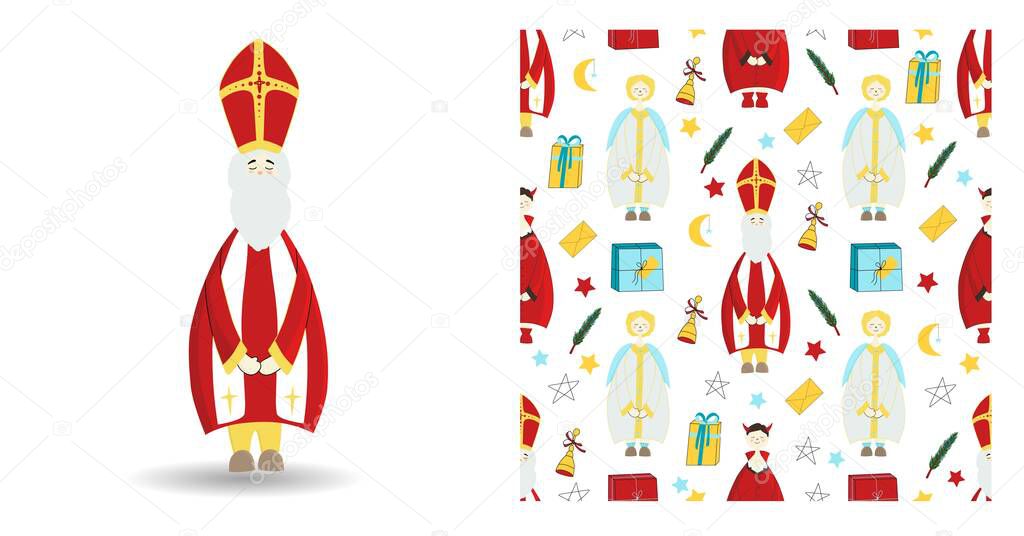 Set of festive illustration. Saint nicholas character isolated on white. Seamless winter pattern with gifts and stars