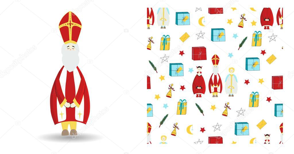 Set of festive illustration. Saint nicholas character isolated on white. Seamless winter pattern with gifts and stars