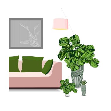 Pembe bir kanepe ve güzel bir kovalamaca. Duvardaki resim. İç mekan.