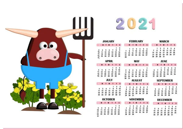 Kalendář Trendů Pro Rok2021 Rok Býka Nebo Vola Roztomilá Bejčí — Stockový vektor