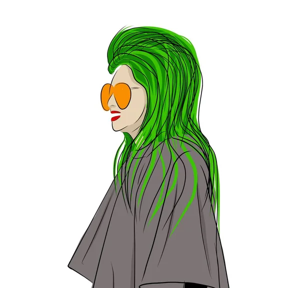 Творческая Иллюстрация Молодой Женщины Молодая Девушка Зелеными Волосами Дама Пальто — стоковый вектор