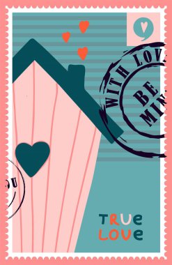 Romantik posta pulları. Sevgililer Günü için zarflar ve kartlar. Tepeden tırnağa. Web tasarımı ve baskısı için modern vektör illüstrasyonu. Retro pullar. Yazışma ve posta teslimatı kavramı.