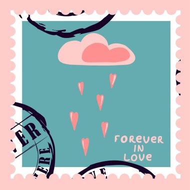 Romantik posta pulları. Sevgililer Günü için zarflar ve kartlar. Tepeden tırnağa. Web tasarımı ve baskısı için modern vektör illüstrasyonu. Retro pullar. Yazışma ve posta teslimatı kavramı.