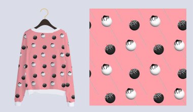 Kumaş ve tekstil için modaya uygun modern baskı. Kusursuz, tatlı bir desen. Chupa pembe arka planda şekerleme yapıyor. Pijama mı yoksa kapüşonlu mu?.