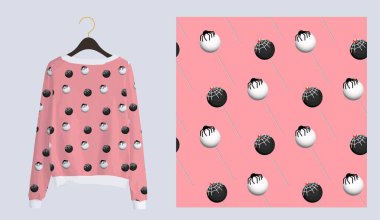 Trendy modern print for fabrics and textiles. Seamless sweet pattern. Chupa chups candy on a pink background. Pajama or hoodie design. clipart